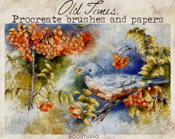 May include: A watercolour painting of a bluebird perched on a branch with red berries. The background is a soft blue with hints of green and yellow. The text "Old Times Procreate brushes and papers" is at the top of the image.