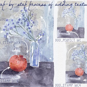 May include: A step-by-step process of adding texture to a watercolor painting of a blue vase with flowers and a red apple. The image shows the process of adding texture to the vase, flowers, and apple. The text "BOO_STAMP WC1", "BOO_STAMP WC8", "BOO_PERFECT WC", and "BOO_STAMP WC4" is included in the image.