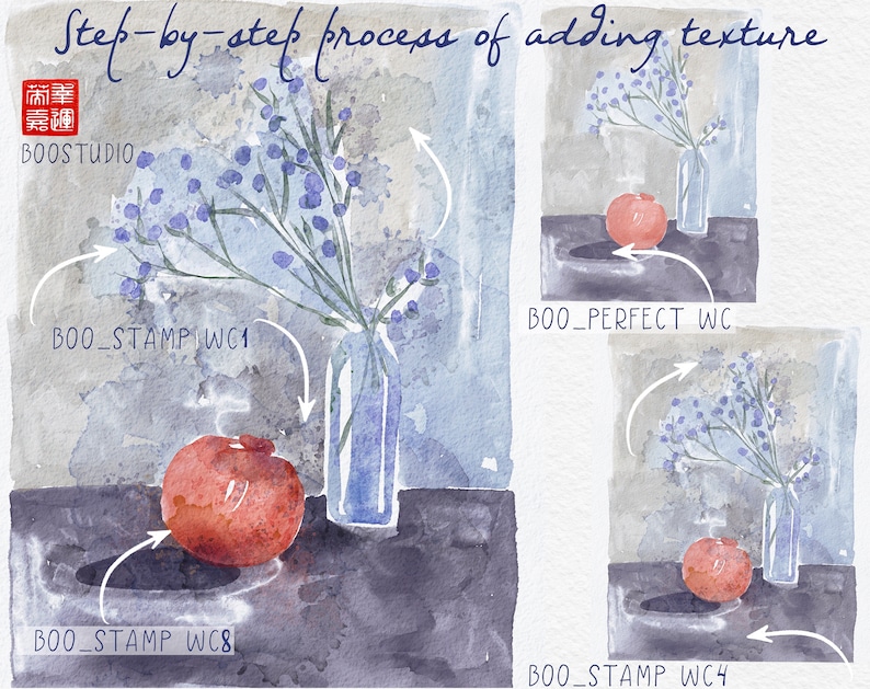 May include: A step-by-step process of adding texture to a watercolor painting of a blue vase with flowers and a red apple. The image shows the process of adding texture to the vase, flowers, and apple. The text "BOO_STAMP WC1", "BOO_STAMP WC8", "BOO_PERFECT WC", and "BOO_STAMP WC4" is included in the image.
