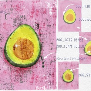 May include: A watercolor illustration of a halved avocado on a pink and black grunge background. The illustration is labeled with the text "BOO_PERFECT WC", "BOO_WC PAPER", "BOO_DOTS DENSE", "BOO_FOAM ROLLER", "BOO_GRUNGE BACKGROUND", and "BOO_STAMP WC".