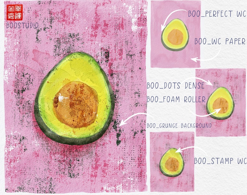 May include: A watercolor illustration of a halved avocado on a pink and black grunge background. The illustration is labeled with the text "BOO_PERFECT WC", "BOO_WC PAPER", "BOO_DOTS DENSE", "BOO_FOAM ROLLER", "BOO_GRUNGE BACKGROUND", and "BOO_STAMP WC".