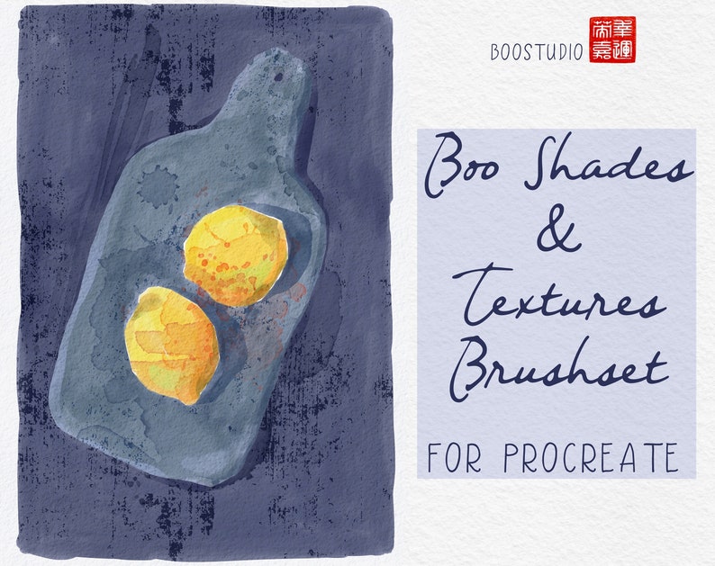 May include: A watercolor illustration of two lemons on a blue cutting board. The image is part of a set of Procreate brushes called "Boo Shades & Textures Brushset".
