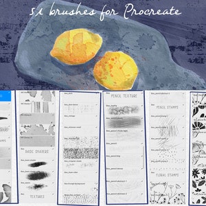 May include: A digital illustration of a set of 56 Procreate brushes for digital art. The brushes are organized into five categories: Watercolor, Watercolor Stamps, Basic Shaders, Textures, Pencil Texture, Pencil Stamps, and Floral Stamps. Each category has a preview of the brushes included in the set.