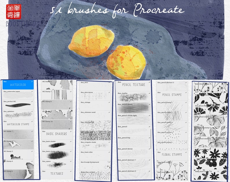 May include: A digital illustration of a set of 56 Procreate brushes for digital art. The brushes are organized into five categories: Watercolor, Watercolor Stamps, Basic Shaders, Textures, Pencil Texture, Pencil Stamps, and Floral Stamps. Each category has a preview of the brushes included in the set.