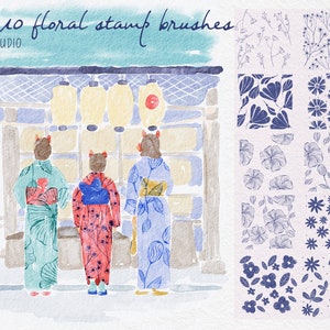 May include: 10 floral stamp brushes in blue and white. The brushes are arranged in a grid pattern. Each brush features a different floral design. The brushes are perfect for adding a touch of elegance to your crafts.