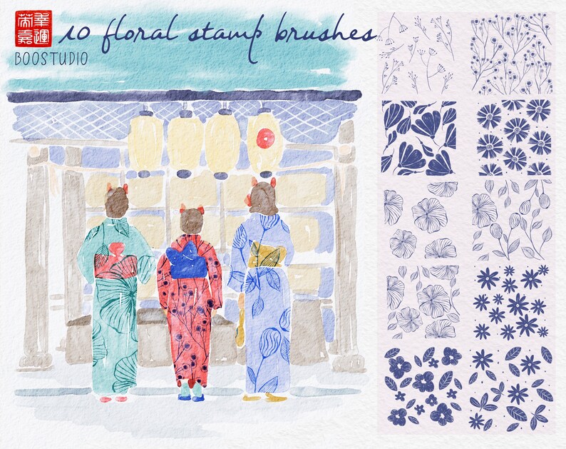 May include: 10 floral stamp brushes in blue and white. The brushes are arranged in a grid pattern. Each brush features a different floral design. The brushes are perfect for adding a touch of elegance to your crafts.