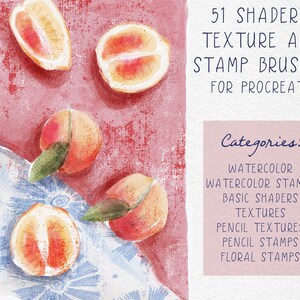 May include: 51 watercolor, pencil, and floral stamp brushes for Procreate. The image shows peach slices and whole peaches on a pink and blue patterned background.