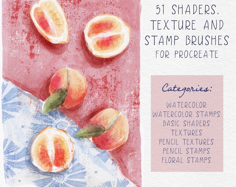 May include: 51 watercolor, pencil, and floral stamp brushes for Procreate. The image shows peach slices and whole peaches on a pink and blue patterned background.