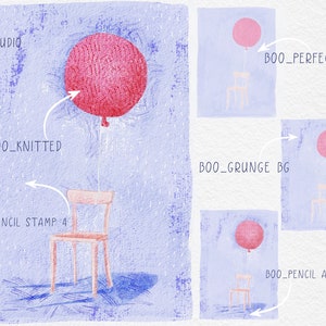 May include: A pink balloon tied to a wooden chair on a blue background with the text "BOO_KNITTED" and "BOO_PENCIL STAMP_4" written on the image.
