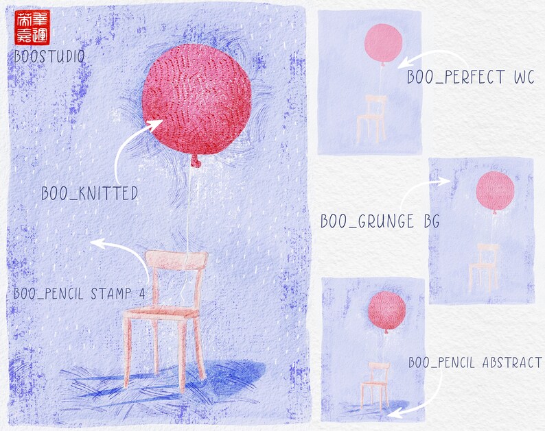 May include: A pink balloon tied to a wooden chair on a blue background with the text "BOO_KNITTED" and "BOO_PENCIL STAMP_4" written on the image.