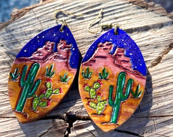 Leather Earrings, Sedona Earrings, Cactus Earrings, Landscape Earrings, Night Sky Earrings, Desert Earrings, Southwest Jewelry Earrings