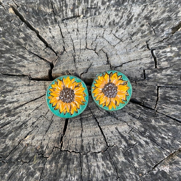 Sunflower Leather Studs, Token Size Leather Studs, Bohemian Earrings, Lightweight Earrings, Gifts for Her, Hand Painted Earrings, Boho Style