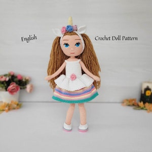 Amigurumi Doll Pattern, Crochet Doll Pattern, English Doll Pdf, Amigurumi Tutorial, Handmade Doll Pdf, Yasemin doll with unicorn costume image 1