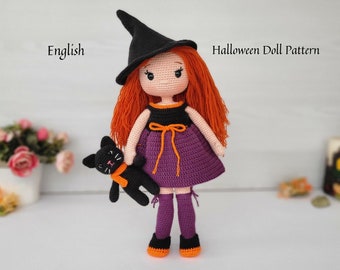 May include: Crocheted Halloween witch doll with orange hair, a purple dress, and a black witch hat. The doll is holding a black crocheted cat with a pink scarf. The text "Halloween Doll Pattern" is visible in the image.