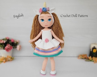 Modello per bambola Amigurumi, Modello per bambola all'uncinetto, Pdf per bambola inglese, Tutorial Amigurumi, Pdf per bambola fatta a mano, bambola Yasemin con costume da unicorno