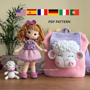 Patrón de ganchillo para muñeca amigurumi y cordero Melora, mochila infantil (descarga en PDF)