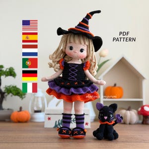 Amigurumi Crochet Doll Pattern,  Elvina Halloween Witch Doll Tutorial PDF,  (En, Es, Fr, Pt, It, De )