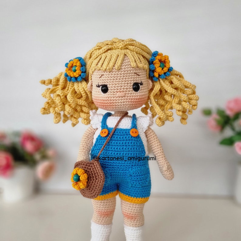 Crochet Amigurumi Doll Pattern, Amigurumi Tutorial, English, Português, Español, Français Nelly Doll With Salopette Clothes, Video supported image 5