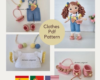 Patrón de ropa para muñeca Amigurumi a crochet, Este patrón es un diseño de ropa para muñeca de 27 cm (10,63 pulgadas) para muñeca Ángel, English, Português, Español