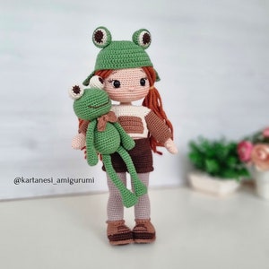 Amigurumi Crochet Doll Pattern, Crochet Doll Clothes Pattern, Amigurumi Doll Making Tutorial, English Pdf, Nora and her frog friend Croak. image 7