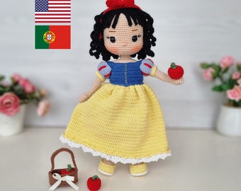 Modèle de poupée au crochet, Modèle de poupée Amigurumi Princesse Blanche-Neige, Tutoriel Amigurumi, Anglais, Português, Modèle Pdf