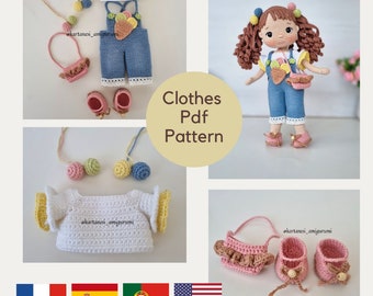 Amigurumi Crochet Doll Clothes Pattern, This pattern is 10.63 inch doll clothing desing for Angel doll, English, Português Español Français