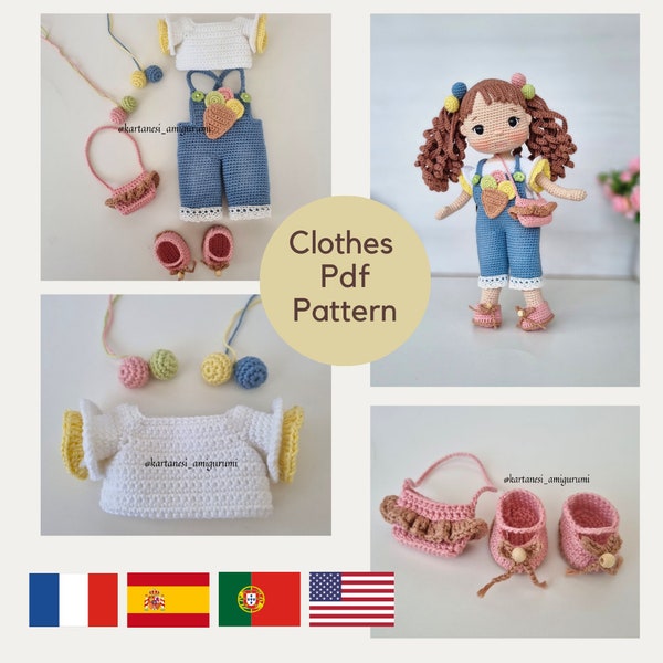 Amigurumi Crochet Doll Clothes Pattern, This pattern is 10.63 inch doll clothing desing for Angel doll, English, Português Español Français