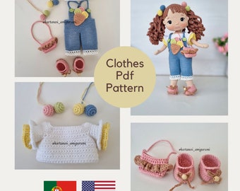 Amigurumi Crochet Doll Clothes Pattern, This pattern is 27 cm (10.63 inch) doll clothing desing for Angel doll, English, Português