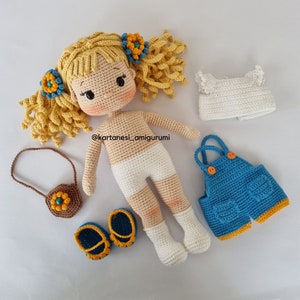 Gehaakt Amigurumi-poppatroon, Amigurumi-tutorial, Engels, Português, Español, Français Nelly-pop met salopette-kleding, video ondersteund afbeelding 8