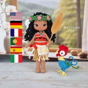 May include: A crocheted doll inspired by a Polynesian princess, with black yarn hair, a floral crown, and a red and white top. The doll holds a tan spear and stands next to a blue and red crocheted rooster. The text "PATTERN PDF" is visible.