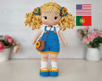 Crochet Doll Pattern, Amigurumi Doll Pattern, Amigurumi Tutorial, English, Português, Nelly Doll With Salopette Clothes, Video supported