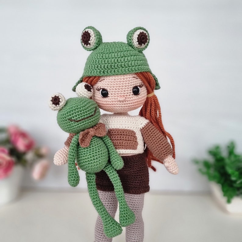 Amigurumi Crochet Doll Pattern, Crochet Doll Clothes Pattern, Amigurumi Doll Making Tutorial, English Pdf, Nora and her frog friend Croak. image 1