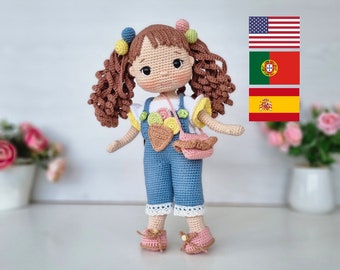 Crochet Amigurumi Doll Pattern, Amigurumi Tutorial, English, Português, Español, Angel Doll With Salopette Clothes, Diy Gift For Girl