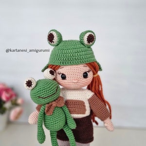 Amigurumi Crochet Doll Pattern, Crochet Doll Clothes Pattern, Amigurumi Doll Making Tutorial, English Pdf, Nora and her frog friend Croak. image 8