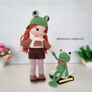 Amigurumi Crochet Doll Pattern, Crochet Doll Clothes Pattern, Amigurumi Doll Making Tutorial, English Pdf, Nora and her frog friend Croak. image 5