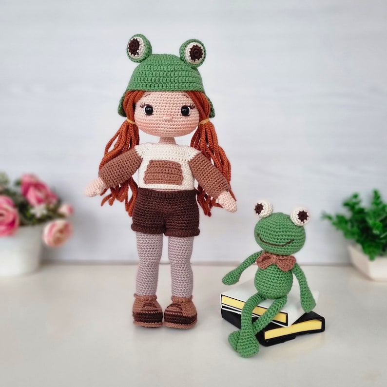 Amigurumi Crochet Doll Pattern, Crochet Doll Clothes Pattern, Amigurumi Doll Making Tutorial, English Pdf, Nora and her frog friend Croak. image 2