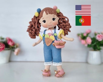 Crochet Amigurumi Doll Pattern, Amigurumi Tutorial, English, Português pdf, Angel Doll With Salopette Clothes, Diy Gift For Girl