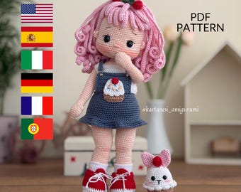 Crochet Doll Pattern: Cupcake Amigurumi with Bunny (PDF in 6 Languages)