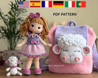 Schema per realizzare all'uncinetto una bambola e un agnello amigurumi di Melora, e uno zainetto per bambini (download in PDF)