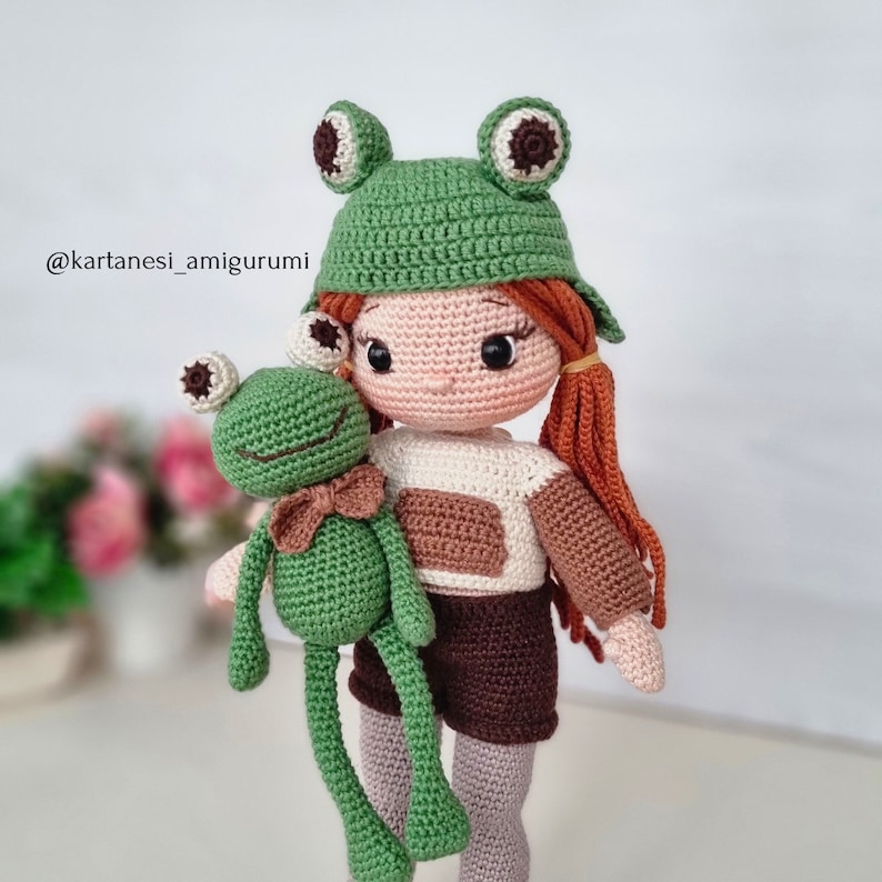 Amigurumi Crochet Doll Pattern, Crochet Doll Clothes Pattern, Amigurumi Doll Making Tutorial, English Pdf, Nora and her frog friend Croak. image 6