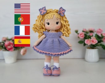 Modèle de poupée au crochet Nelly, Modèle de poupée Amigurumi, Tutoriel Amigurumi, English, Français, Português, Español, Pattern Pdf