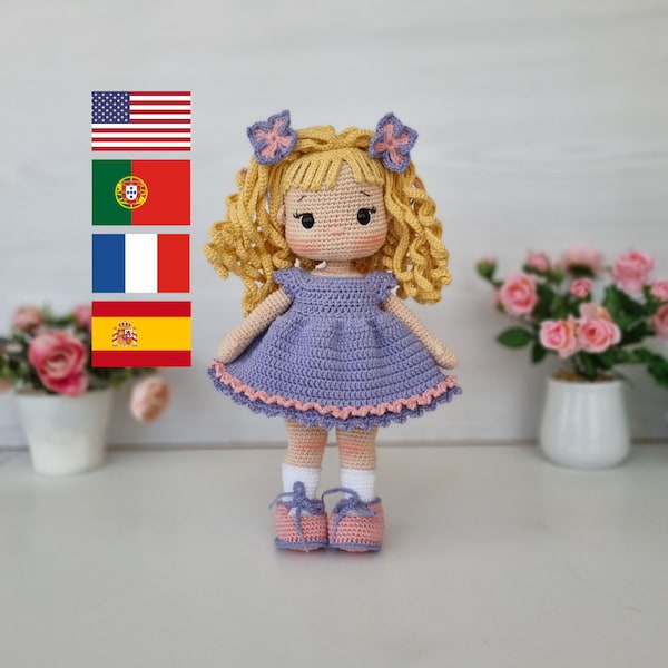 Modèle de poupée au crochet Nelly, Modèle de poupée Amigurumi, Tutoriel Amigurumi, English, Français, Português, Español, Pattern Pdf