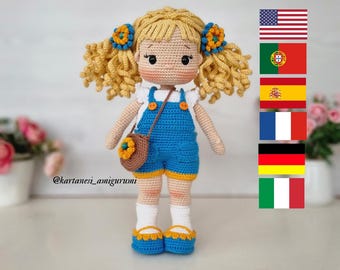 Crochet Amigurumi Doll Pattern, English, Português, Español, Français, German, Nelly Doll With Salopette Clothes, It is video supported.