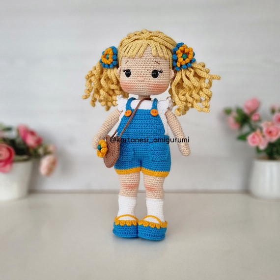 Crochet Amigurumi Doll Pattern, Nelly Doll With Salopette  NEW Crochet Doll with Blonde Hair and Blue Dress main image 0