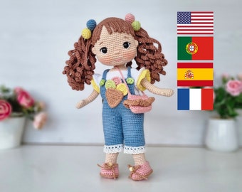 Crochet Amigurumi Doll Pattern, Amigurumi Tutorial, English, Português, Español, Français, Angel Doll With Salopette Clothes, Gift For Girl