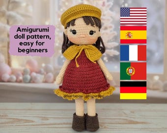 Stella Amigurumi Doll Häkelanleitung, Kleid & Baskenmütze (PDF in 6 Sprachen)