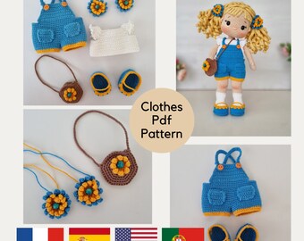 Patrón de ropa para muñeca Amigurumi a crochet, Este patrón es un diseño de ropa para muñeca de 11 pulgadas para muñeca Nelly, English, Español, Português, Français