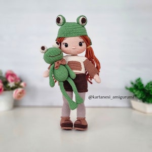 Amigurumi Crochet Doll Pattern, Crochet Doll Clothes Pattern, Amigurumi Doll Making Tutorial, English Pdf, Nora and her frog friend Croak. image 4