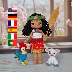 May include: A handmade crochet doll inspired by a Polynesian princess, with a floral crown, holding a spear, and accompanied by crochet animal figures. The doll wears a red skirt and white top. The text "PATTERN PDF" is visible.
