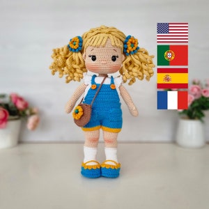 Crochet Amigurumi Doll Pattern, Amigurumi Tutorial, English, Português, Español, Français Nelly Doll With Salopette Clothes, Video supported image 1